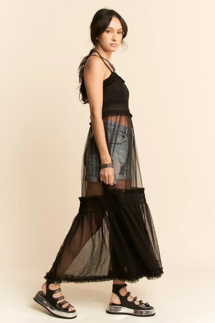 Sheer Mesh Layered Slip Dress – Smocked Waist Tulle Overlay Dress