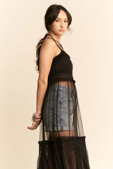Sheer Mesh Layered Slip Dress – Smocked Waist Tulle Overlay Dress
