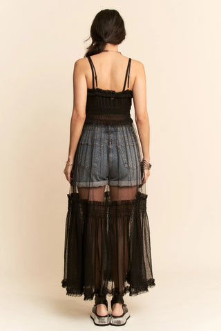 Sheer Mesh Layered Slip Dress – Smocked Waist Tulle Overlay Dress