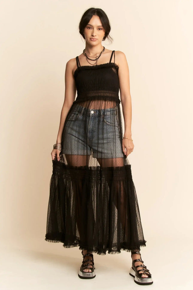 Sheer Mesh Layered Slip Dress – Smocked Waist Tulle Overlay Dress