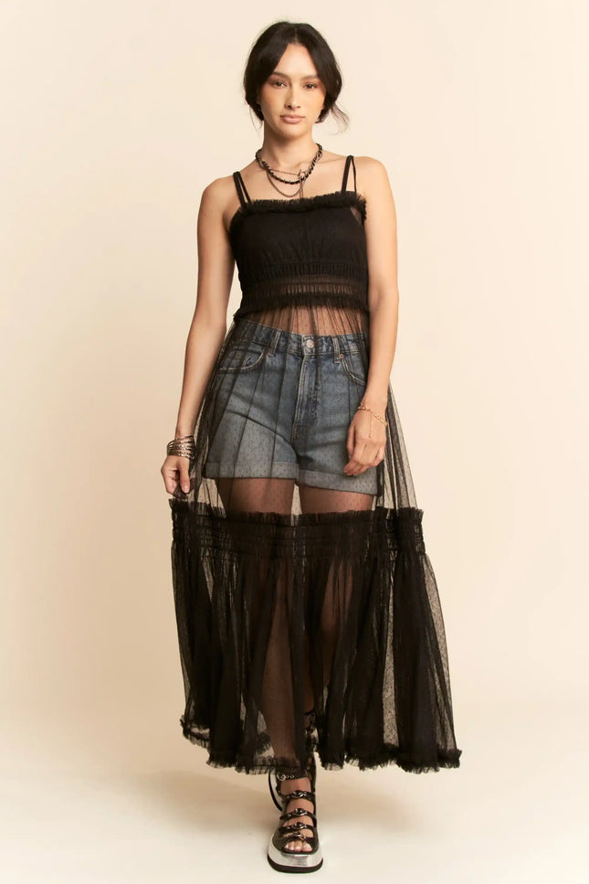 Sheer Mesh Layered Slip Dress – Smocked Waist Tulle Overlay Dress