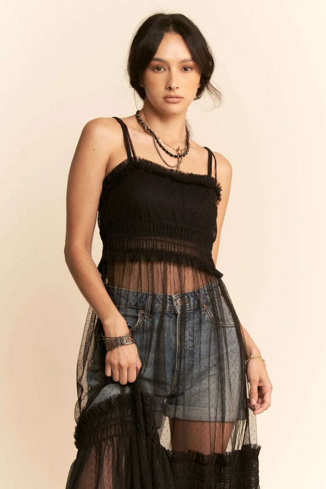 Sheer Mesh Layered Slip Dress – Smocked Waist Tulle Overlay Dress