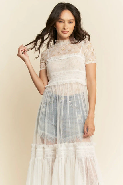 Sheer Mesh Layered Slip Dress – Smocked Waist Tulle Overlay Dress