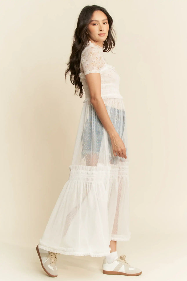 Sheer Mesh Layered Slip Dress – Smocked Waist Tulle Overlay Dress