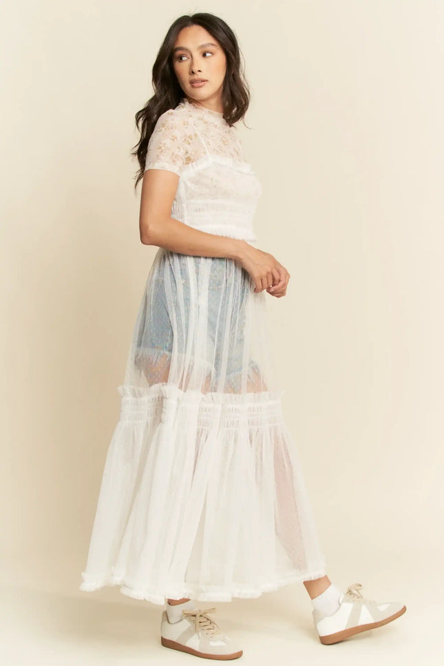 Sheer Mesh Layered Slip Dress – Smocked Waist Tulle Overlay Dress