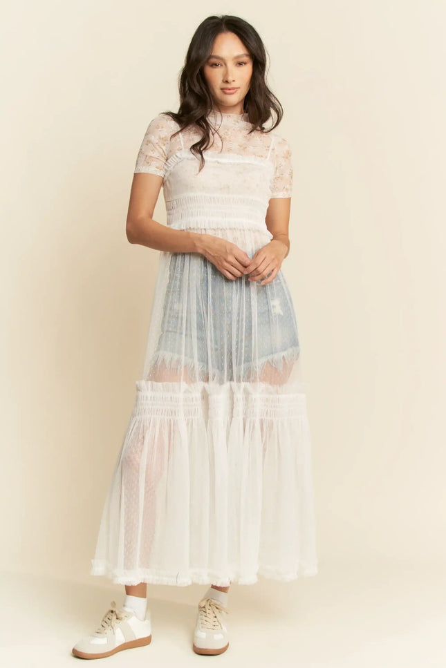 Sheer Mesh Layered Slip Dress – Smocked Waist Tulle Overlay Dress