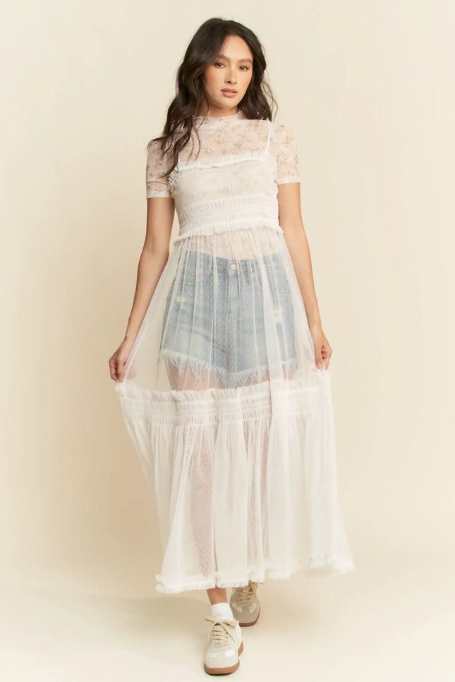 Sheer Mesh Layered Slip Dress – Smocked Waist Tulle Overlay Dress