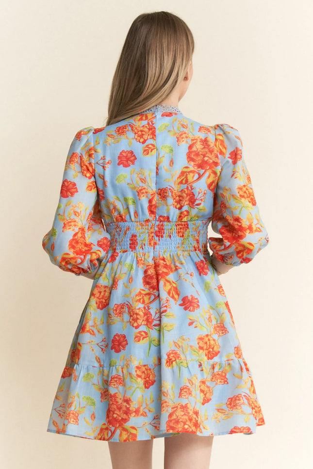 Lace Trim Floral Mini Dress – V-Neck 3/4 Sleeve Fit and Flare Dress