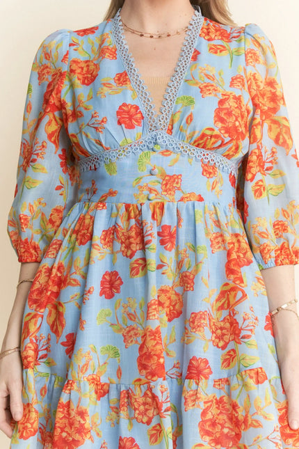 Lace Trim Floral Mini Dress – V-Neck 3/4 Sleeve Fit and Flare Dress