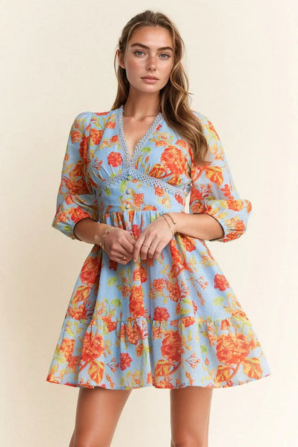 Lace Trim Floral Mini Dress – V-Neck 3/4 Sleeve Fit and Flare Dress