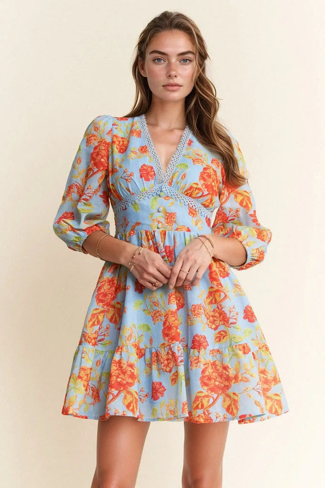Lace Trim Floral Mini Dress – V-Neck 3/4 Sleeve Fit and Flare Dress