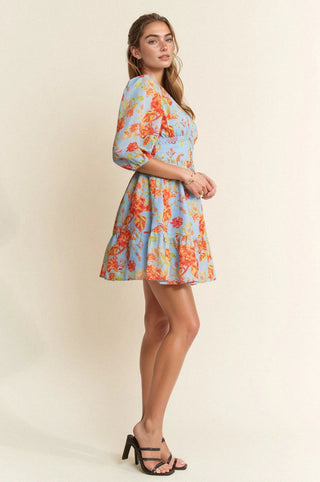 Lace Trim Floral Mini Dress – V-Neck 3/4 Sleeve Fit and Flare Dress