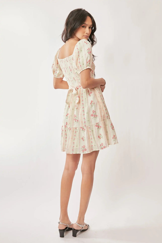 Floral Puff Sleeve Mini Dress – Off Shoulder Ruched Bust Tiered Hem Dress