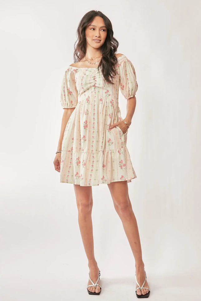 Floral Puff Sleeve Mini Dress – Off Shoulder Ruched Bust Tiered Hem Dress