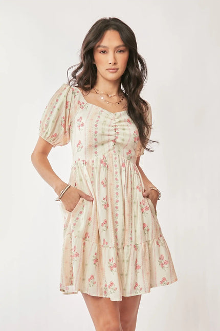 Floral Puff Sleeve Mini Dress – Off Shoulder Ruched Bust Tiered Hem Dress