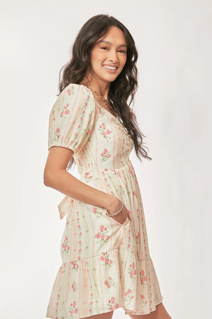 Floral Puff Sleeve Mini Dress – Off Shoulder Ruched Bust Tiered Hem Dress