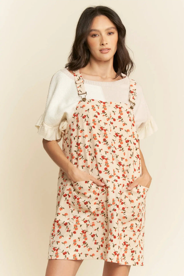 Floral Overall Mini Dress – Adjustable Strap Pocket Pinafore