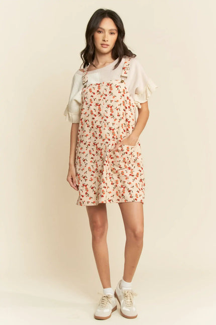 Floral Overall Mini Dress – Adjustable Strap Pocket Pinafore