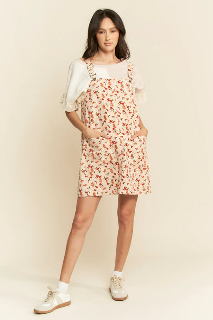 Floral Overall Mini Dress – Adjustable Strap Pocket Pinafore