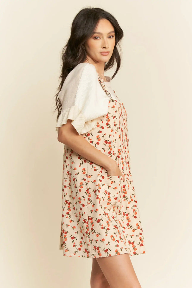Floral Overall Mini Dress – Adjustable Strap Pocket Pinafore