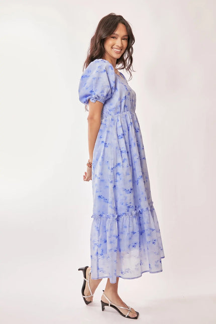Watercolor Puff Sleeve Midi Dress – Square Neckline Tiered Skirt Dress