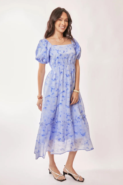 Watercolor Puff Sleeve Midi Dress – Square Neckline Tiered Skirt Dress