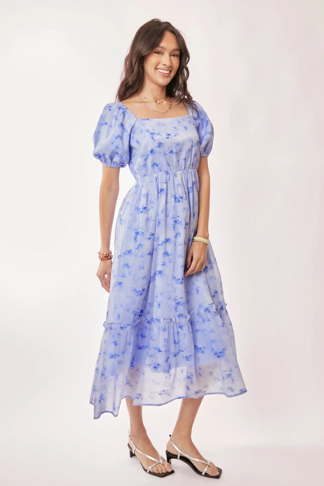 Watercolor Puff Sleeve Midi Dress – Square Neckline Tiered Skirt Dress