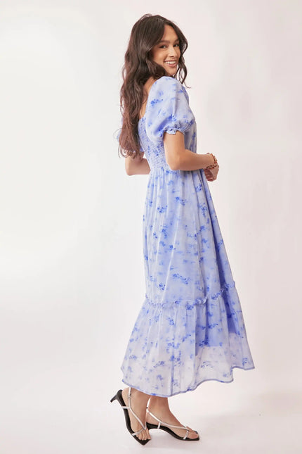 Watercolor Puff Sleeve Midi Dress – Square Neckline Tiered Skirt Dress