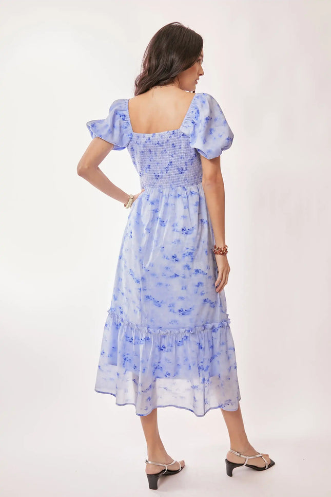 Watercolor Puff Sleeve Midi Dress – Square Neckline Tiered Skirt Dress