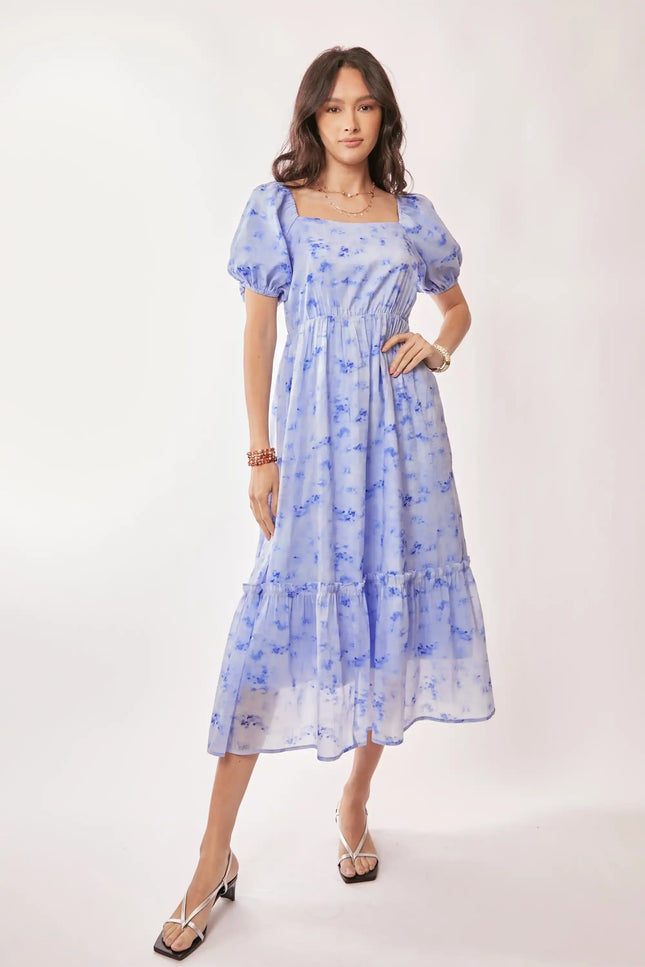 Watercolor Puff Sleeve Midi Dress – Square Neckline Tiered Skirt Dress