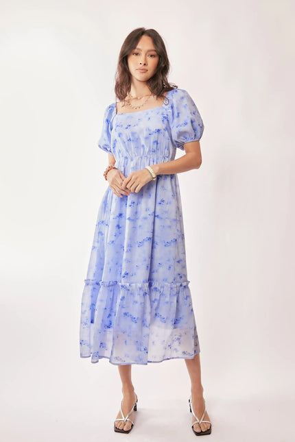 Watercolor Puff Sleeve Midi Dress – Square Neckline Tiered Skirt Dress