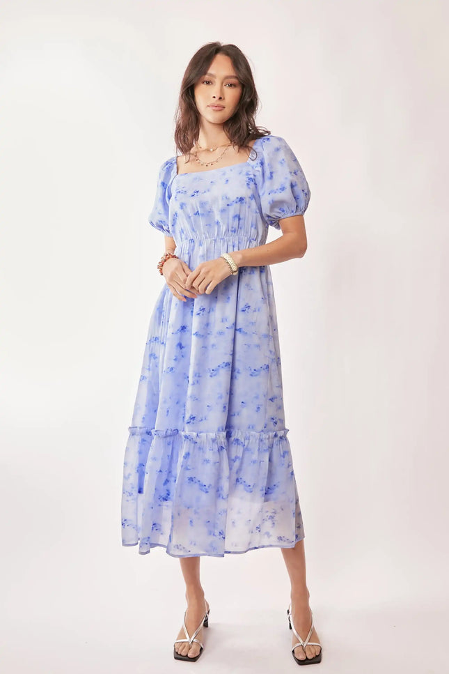 Watercolor Puff Sleeve Midi Dress – Square Neckline Tiered Skirt Dress