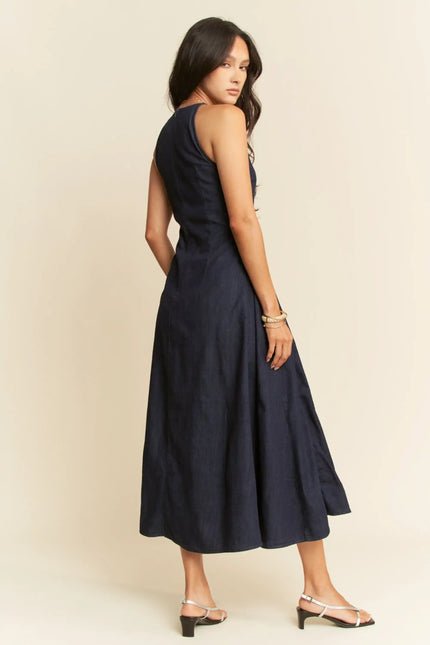 Inkwell Dress – Dark Denim Pleated Midi