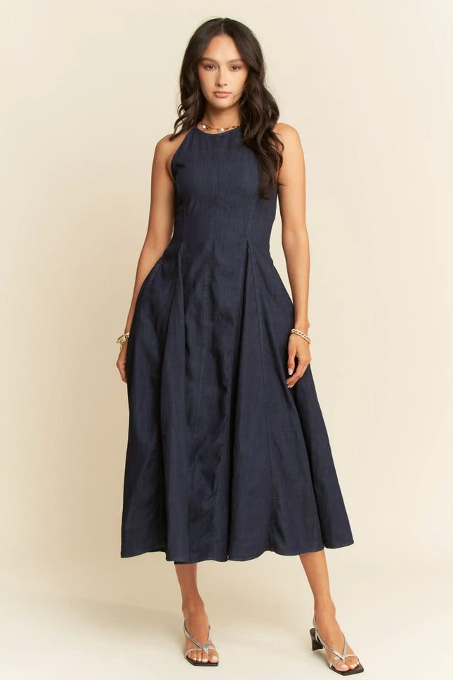 Inkwell Dress – Dark Denim Pleated Midi