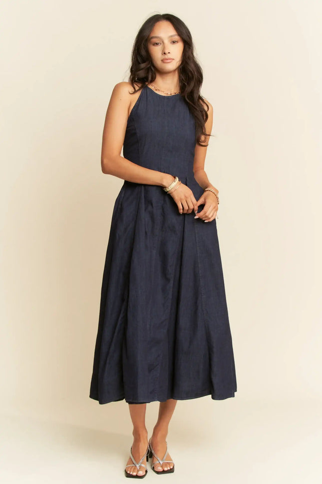 Inkwell Dress – Dark Denim Pleated Midi
