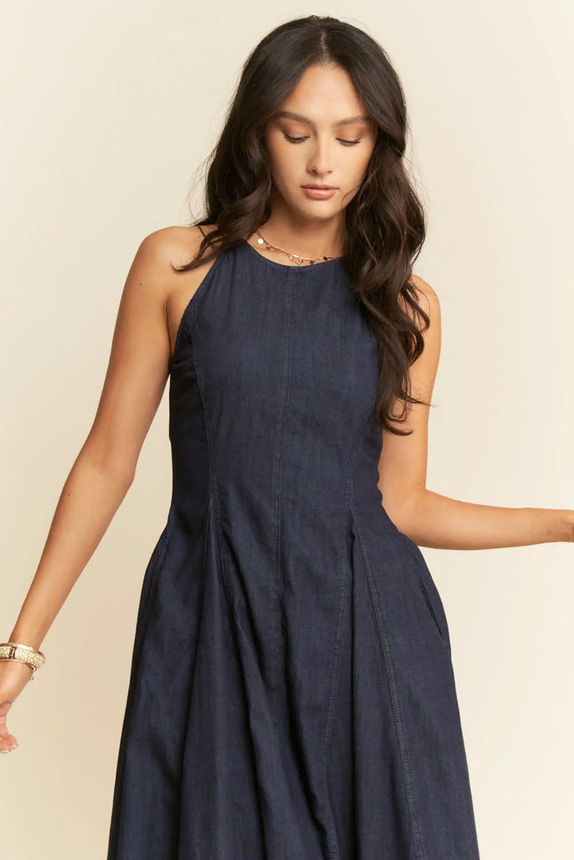 Inkwell Dress – Dark Denim Pleated Midi