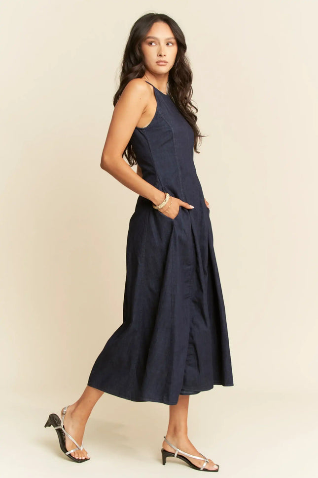 Inkwell Dress – Dark Denim Pleated Midi