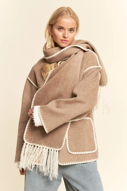 Fringe Trim Wrap Jacket and Scarf Set – Oversized Boho Layering Outerwear