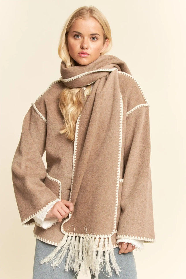 Fringe Trim Wrap Jacket and Scarf Set – Oversized Boho Layering Outerwear