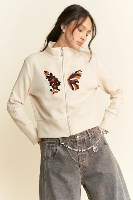 Embroidered Zip-Up Jacket – Retro Floral and Butterfly High Neck Sweatshirt