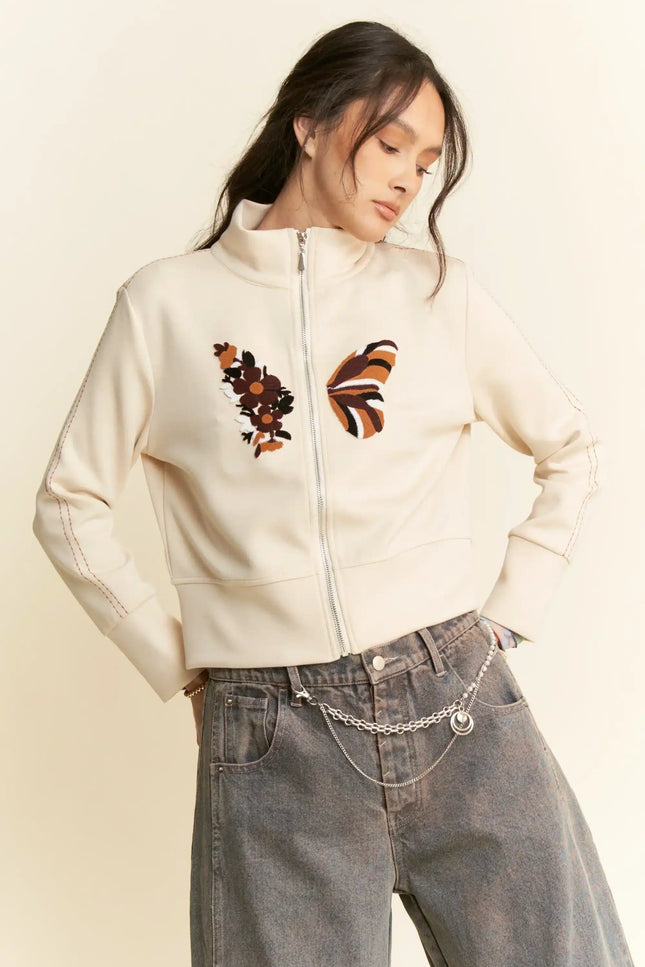 Embroidered Zip-Up Jacket – Retro Floral and Butterfly High Neck Sweatshirt