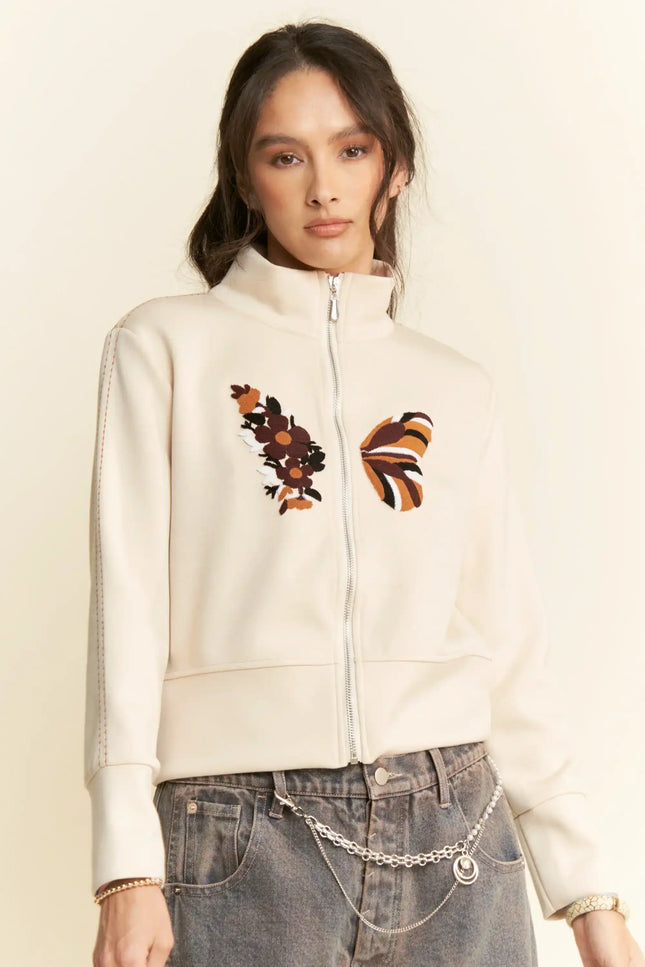 Embroidered Zip-Up Jacket – Retro Floral and Butterfly High Neck Sweatshirt
