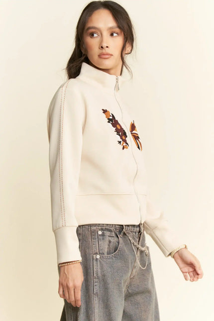 Embroidered Zip-Up Jacket – Retro Floral and Butterfly High Neck Sweatshirt