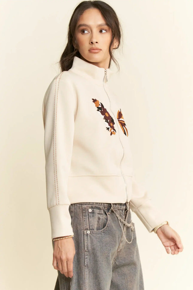 Embroidered Zip-Up Jacket – Retro Floral and Butterfly High Neck Sweatshirt