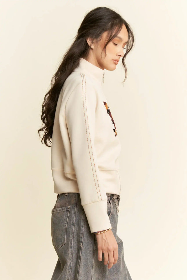 Embroidered Zip-Up Jacket – Retro Floral and Butterfly High Neck Sweatshirt