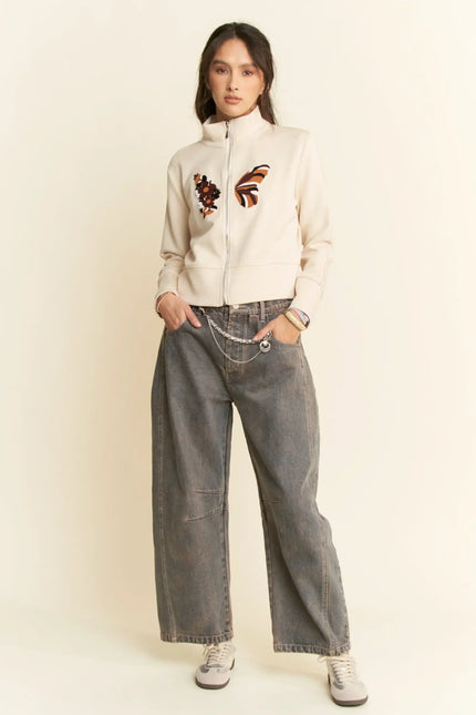 Embroidered Zip-Up Jacket – Retro Floral and Butterfly High Neck Sweatshirt