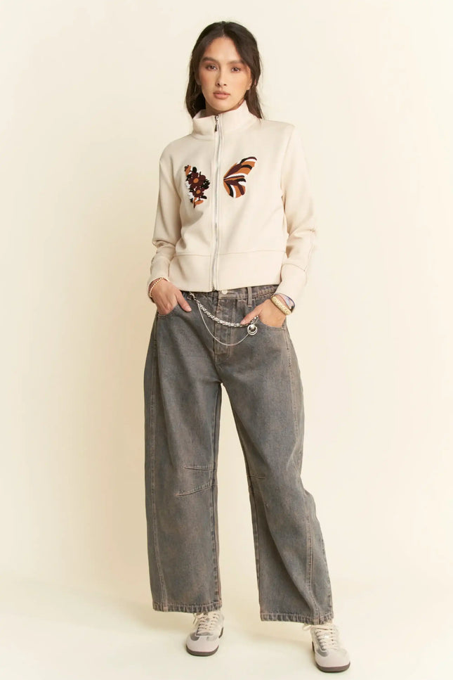 Embroidered Zip-Up Jacket – Retro Floral and Butterfly High Neck Sweatshirt