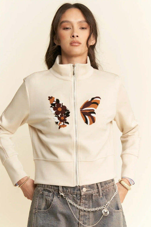 Embroidered Zip-Up Jacket – Retro Floral and Butterfly High Neck Sweatshirt