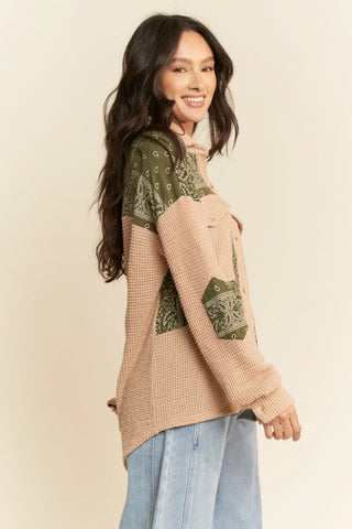 Waffle Knit Button-Up with Bandana Patchwork