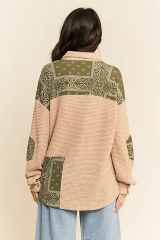 Waffle Knit Button-Up with Bandana Patchwork